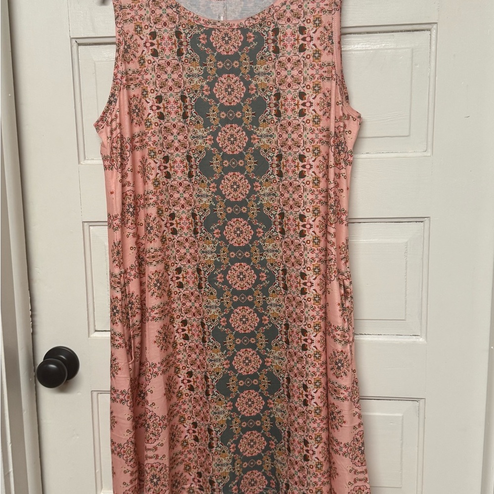 Amazon Pink Printed Sleeveless Midi Dress with Gray Center Panel